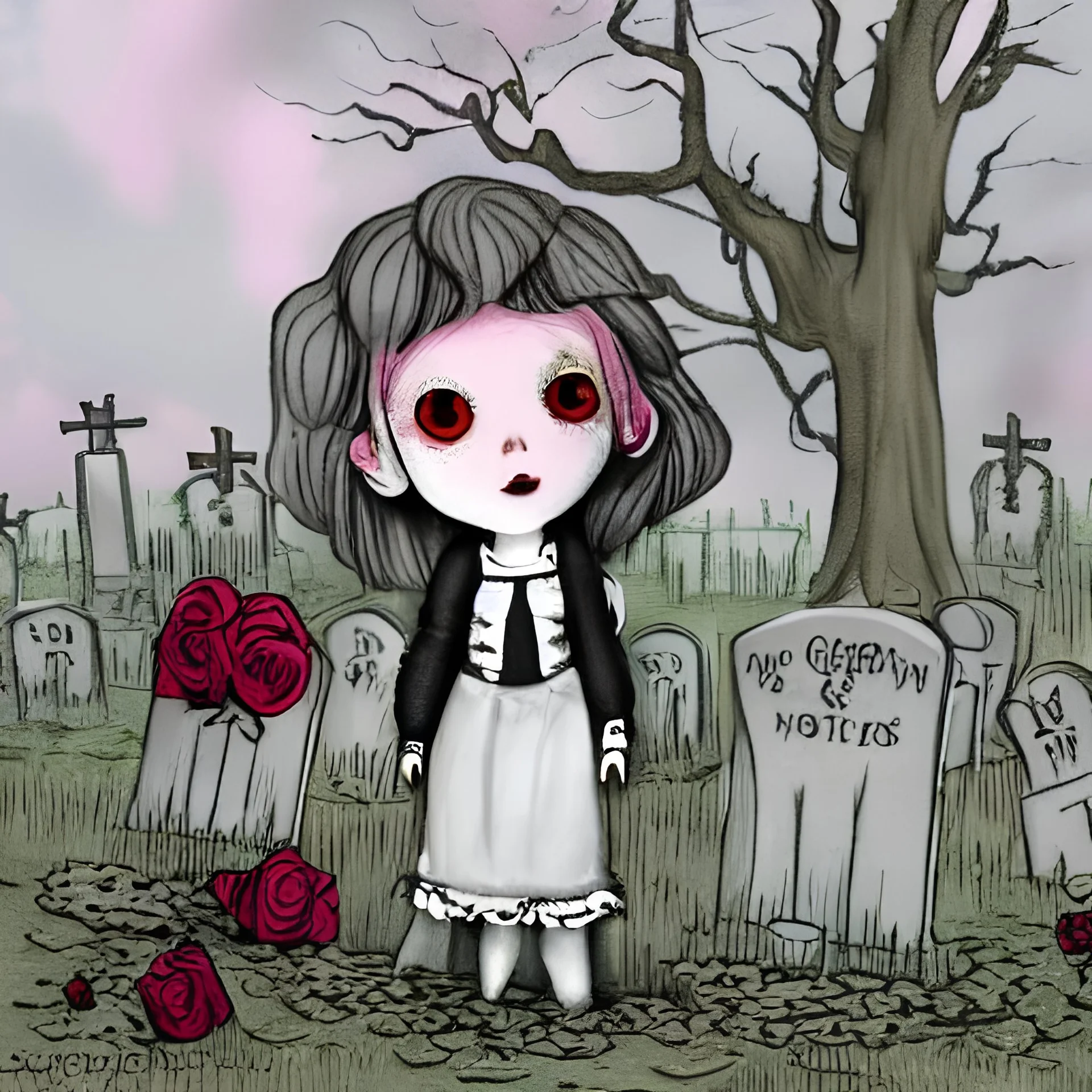 Creepy doll standing in a graveyard with dead roses around on a dark cloudy night animated style