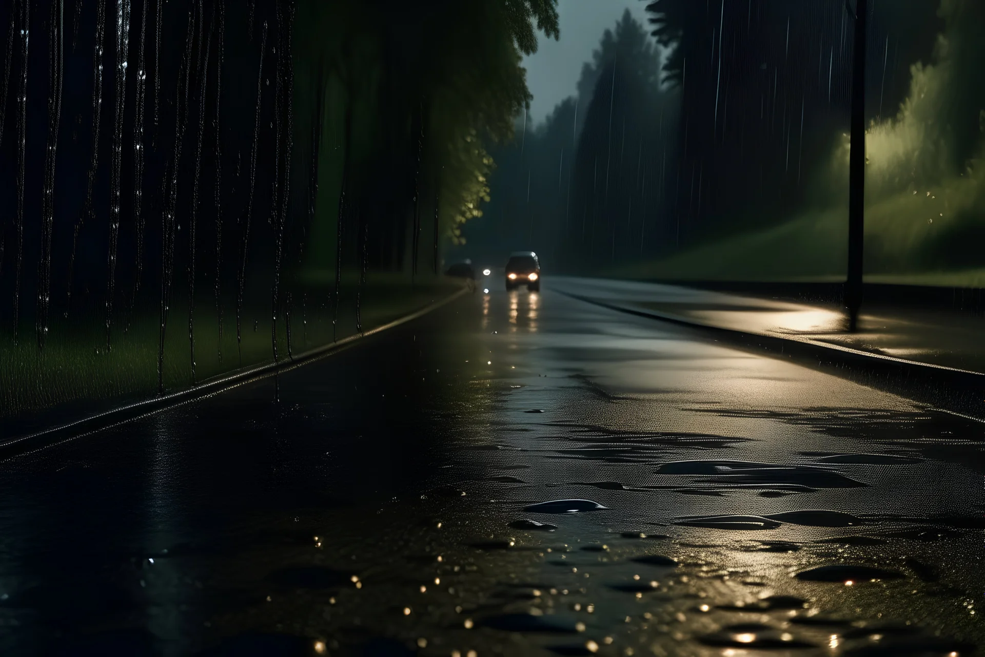 It's night outside. A close-up of rain hitting the pavement but still visible in the background, is a dark forest