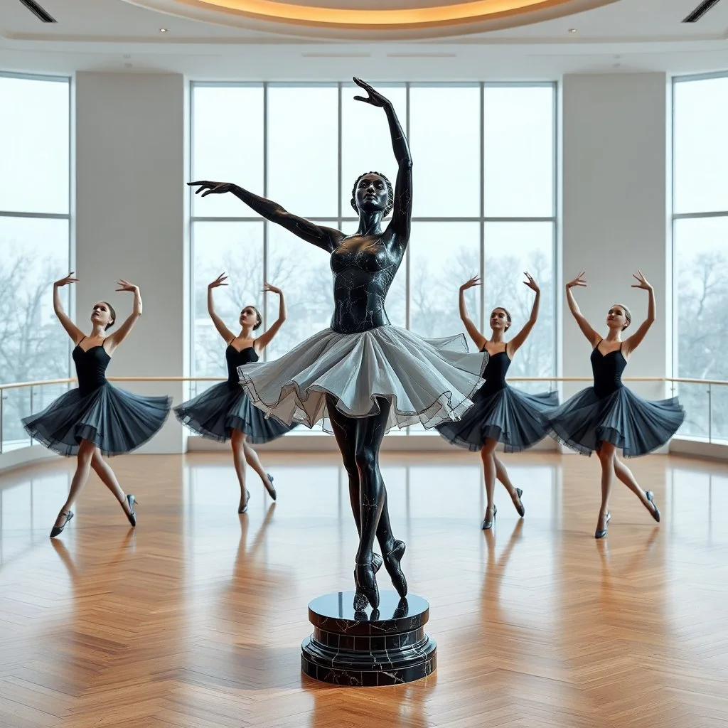 photo of a statue of ballerina made of black marbel in a modern ballroom with some exersising ballerinas
