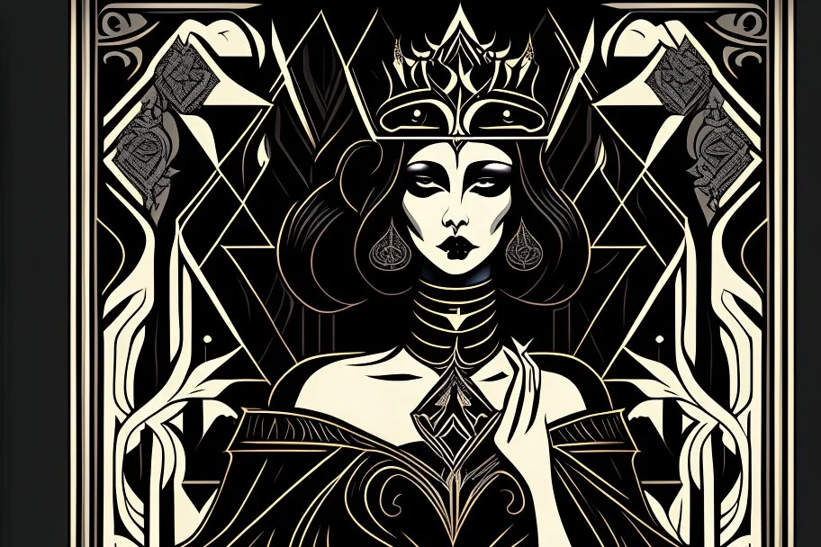 Stylized goth queen, In the style of Tarot and Art Deco, Black colours