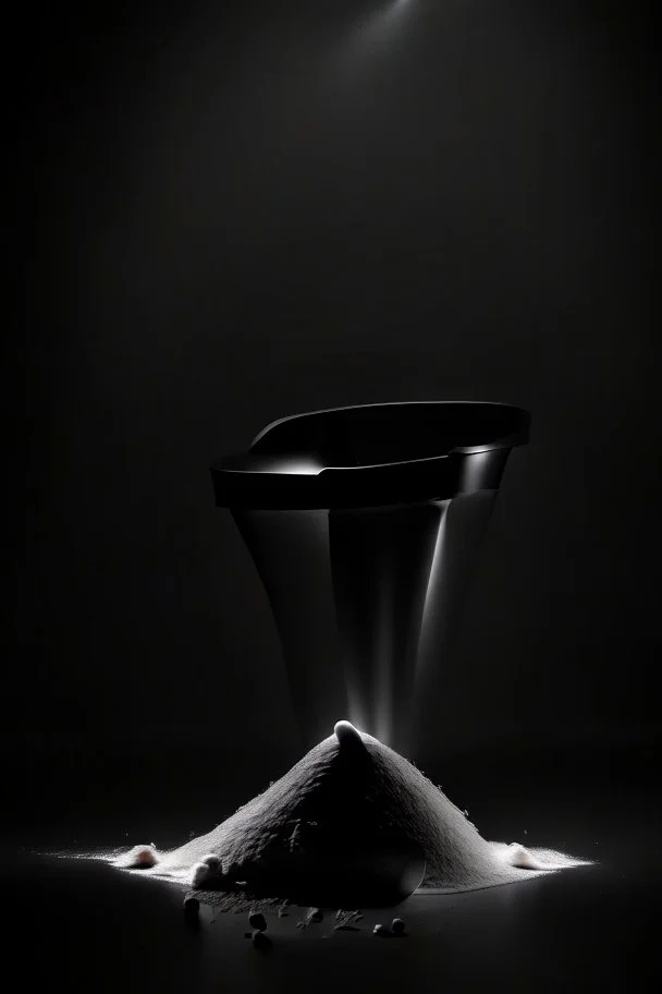transparant cilinder shaped plastic scoop of protein powder, view from the front, dark studio setting, black background