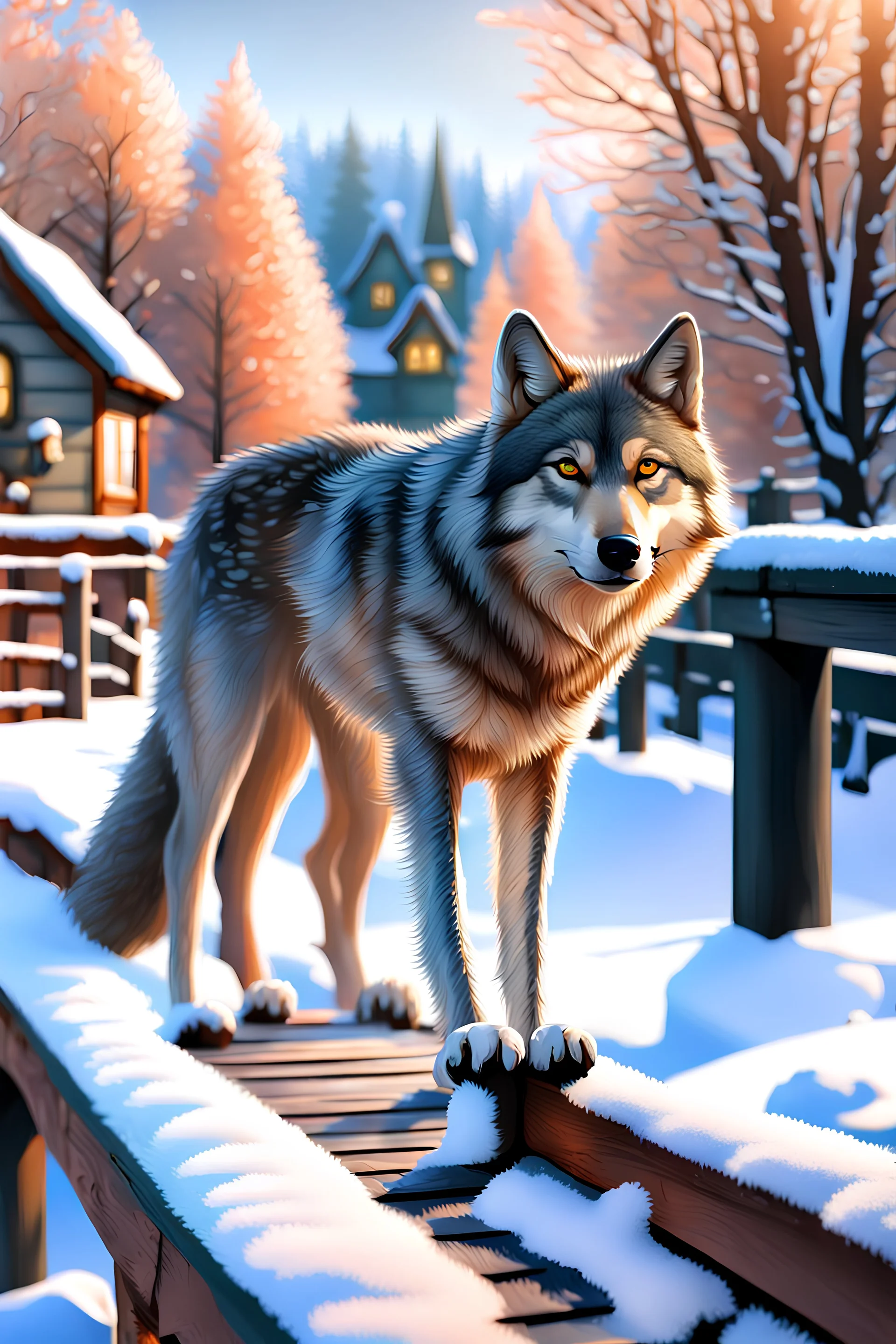 Afternoon winter walking is in the village town, the main role is the gray wolf, who is standing on the bridge near the gardens with snow, 8K resolution, high quality, ultra graphic, and detailed with lines. World of cats and dogs, 8K resolution, ultra graphics and high quality, perspectival and detailed with lines. The beautiful and perfect portrait is on the tropical island, 8K resolution, high quality, ultra graphics, and detailed with lines.