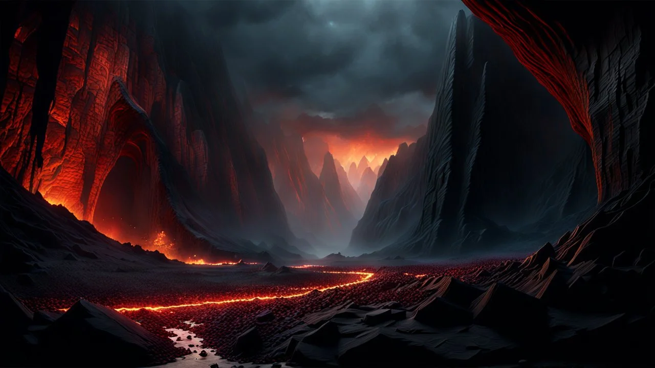 The Valley of the shadow of death. a rift in the cliffs full of burning magma. intensely hot. dark fantasy concept art, exquisite realism, a masterpiece, dynamic lighting, hyperdetailed, intricately detailed, deep color, Unreal Engine, volumetric lighting , Epic cinematic brilliant stunning intricate meticulously detailed dramatic atmospheric maximal,