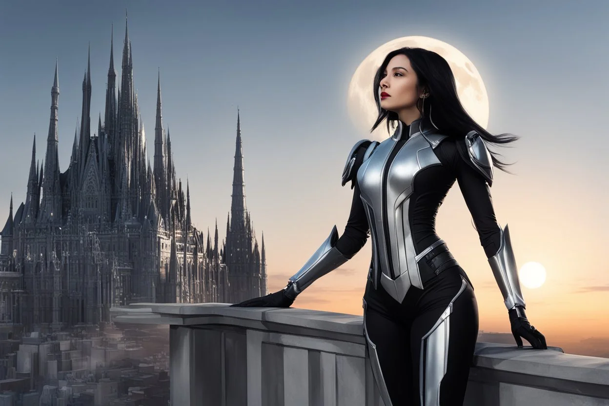 A slim Woman With Black shoulder length hair, Wearing a silver and black android-looking suit, standing sideways On a ledge of a building, with a moon Behind Her Head, towering spires and buildings highlighted by the setting sun