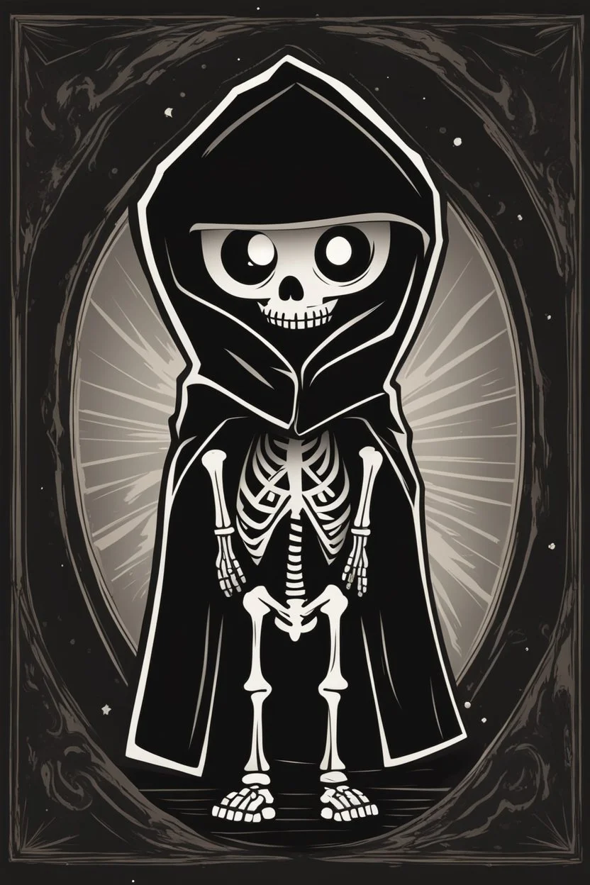 vinyl art toy skeleton in a black hooded cloak drawn in a retro mascot style, inside a light diamond shape on a black background, monochromatic