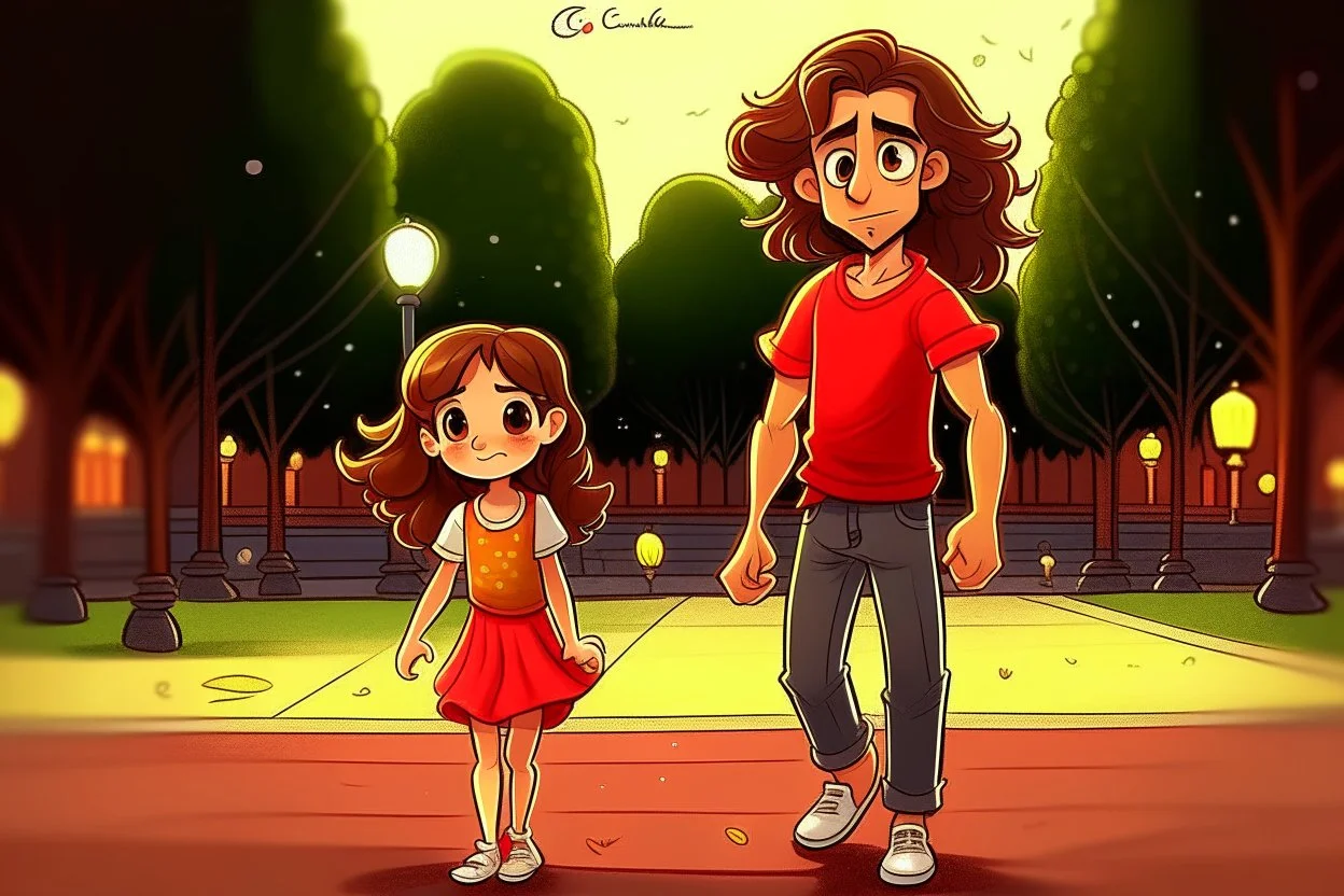 a cute chibi spanish man with short curly brown hair cropped at the back in yellow T-shirt and jeans with a cute chibi contented girl with long brown hair and brown eyes in a red elegant jumpsuit and red high heels, and a chibi girl with blonde brown hair in a beige dress dancing dynamically in Madrid in the Retino park, in the moonlight, ethereal, cinematic postprocessing, airplane in the sky