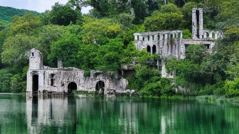 A ruined stone building in a lake, balconies, verandas, arches, bridges, spires, stairs, trees, dense foliage, spanish moss, ivy, blue sky, white clouds