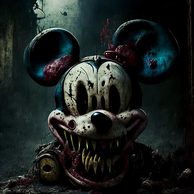 zombie mickey mouse hybrid, photorealism, movie screen capture, horror, sci-fi, evil, hungry, rotted