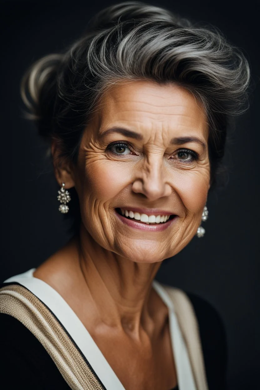 Portrait of a 60 year old Olive skinned woman, dark hair with hints of grey pinned up in a loose bun, happy expression