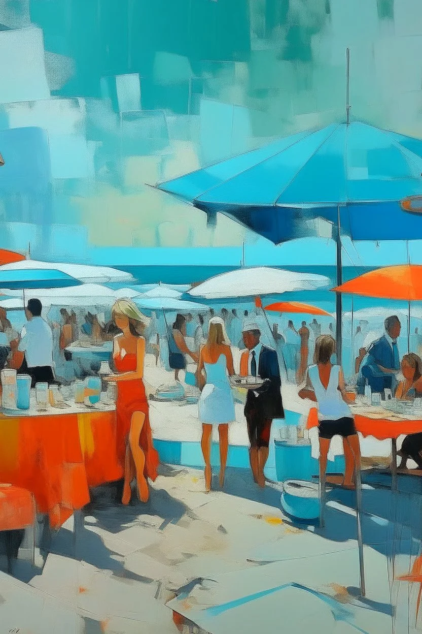 painting in the style of kristoffer zetterstrand, with mixed media — hotography, acrylic, graphite — with the theme of corporate beach party