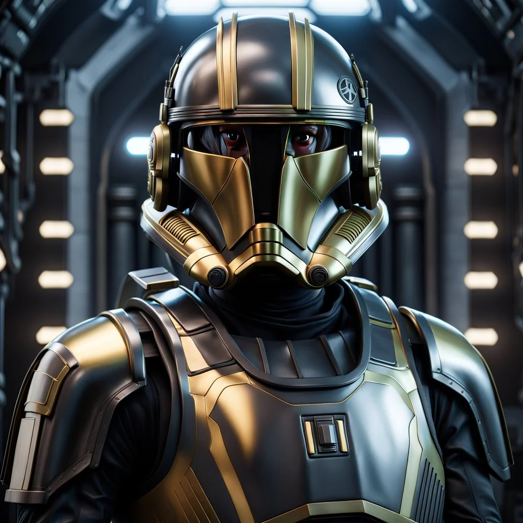 star wars bald male corellian pilot wearing pearlescent black and gunmetal grey First Order special forces heavy assault armor and helmet with gold trim inside the jedi temple, centered portrait, hyperdetailed, dynamic lighting, hyperdetailed background, 8k resolution, volumetric lighting, light skin, fully symmetric details