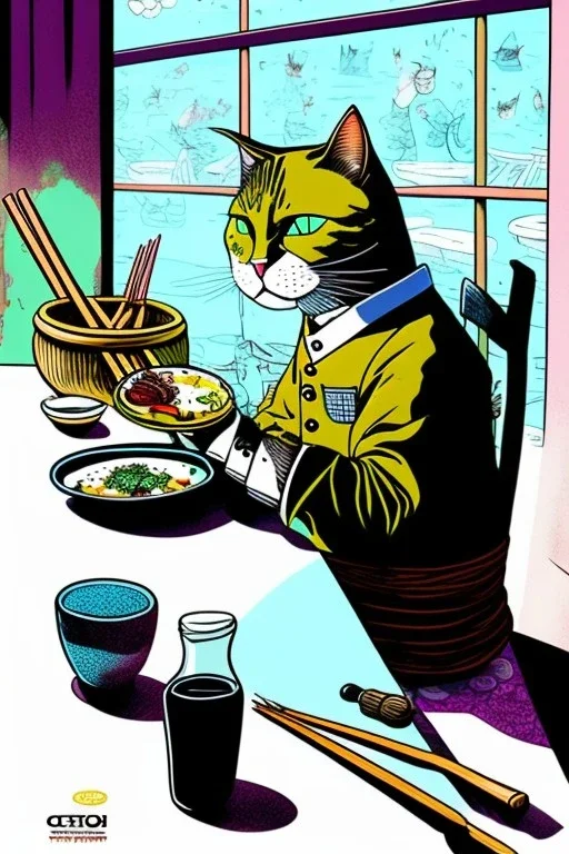 Cat, sitting at a table, eating sushi,perfect iris, ink and pencil, style Tintin