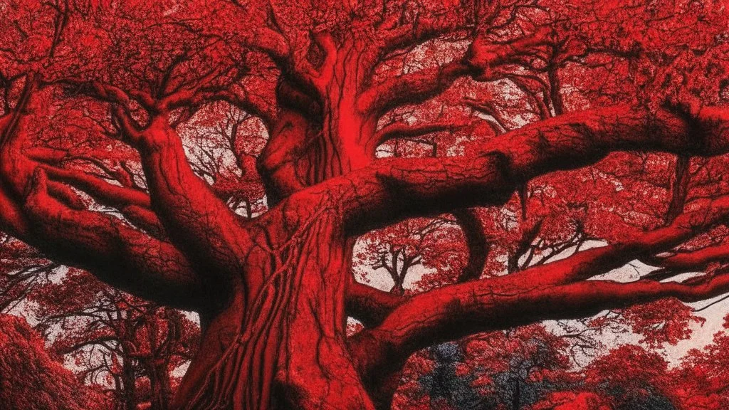 red tree, highly detailed, boutyfull desktop wallpaper, comic style, human faces on tree