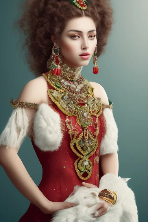 full body shot of A beautiful Arab woman with white skin, brown hair, long curly hair, red cheeks and lips, wearing an elegant red dress from the Victorian era, wearing a necklace and earring made of green sapphire and gold