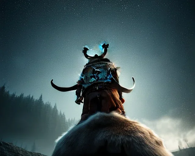 a sad and lonely viking looking up at the stars at night, hyper realistic, 8k, insane detail, atmospheric background, crying eyes, big fur coat, long braided hair, sharp focus, soft background, dynamic lighting, viking helmet, night time