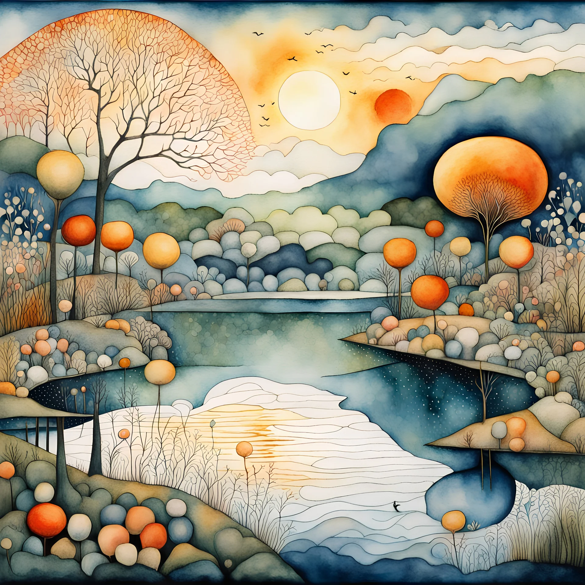 by the lake. Optical illusion, zentangle, surreal. highly detailed elegant fantasy illustration intricate intricate details masterpiece very attractive beautiful award winning crisp quality Paul Klee golden hour Tim Burton Watercolor painting JMW Turner aquarelle Dee Nickerson watercolor and ink wet on wet pen and ink style Xuan Loc Xuan