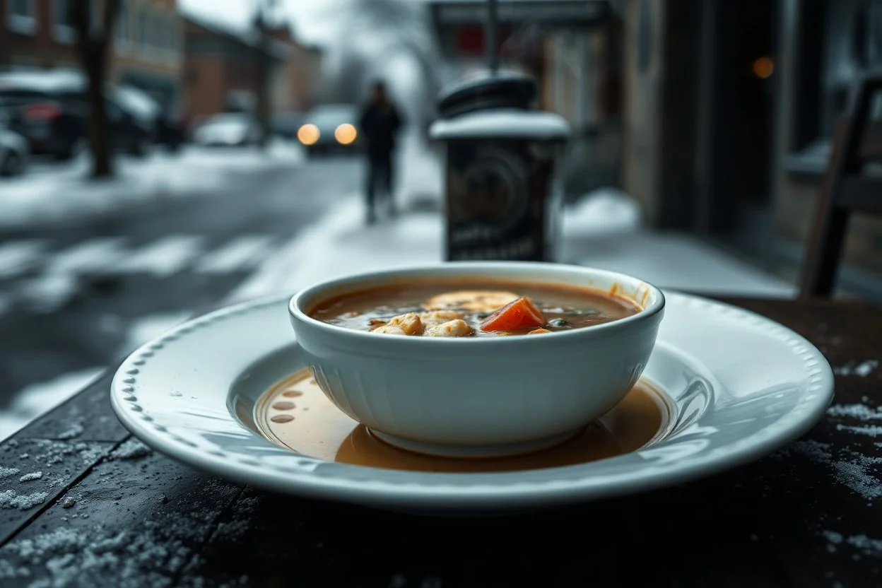 an old white plate of steaming soup on table in outside, hig realistic, high contrast, sharp focus, gloomy mood, winter, blur background, street, perfect shot, perfect composition