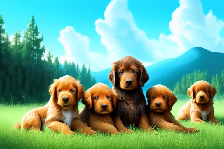 digital gouache matte painting, volumetric nature environment, organic, (( cute ( irish setter puppies and golden retriever puppies ) playing together )), close-up portrait, elegant, intricate, realistic shaded volumetric lighting, volumetric clouds, concept art, detailed eyes, illustration, 8k, uhd, hires, backlight, centered camera view, vitality colors, ambient occlusion, sunlight caustics, design and art by sam curry