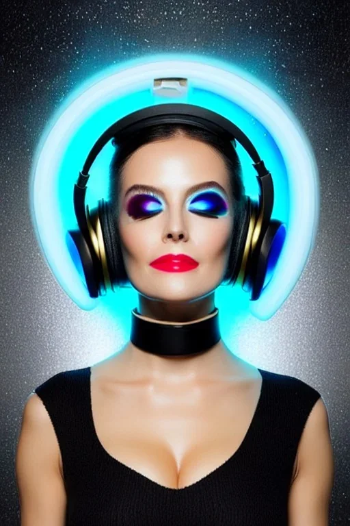 Technological singularity. Fake smile, camera-eyes, cables, selfies, 3D-tiles background, lighted shelf full of heads. Cyber-punk full-mask. Lay figure woman with plastic milky, plank skin. Repugnant behavior. Haute Couture 90's long tippet. Light right. Silver, black, Cyan. Big AKG headphones. Golden rings and discs. Thick tights, Thick calves, Curved fell, Wide hip. Nature. Sweat, tears and blood. Cows outside. Decay rust mud on the torso