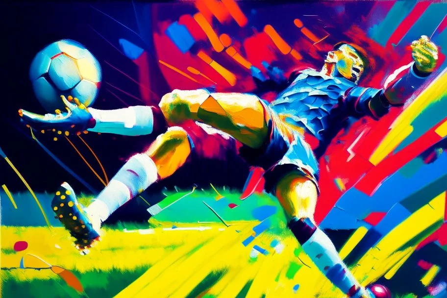 Oil painting, football match, the striker is kicking a goal, the ball is flying, bright but not neon colours, dynamic lines, dynamic blobs, spots, lines in the background of the character, like a colour explosion, A visually striking piece filled with dynamic brushstrokes, reminiscent of the impasto technique used in Vincent Van Gogh's Post-Impressionist paintings. The composition features bold colors and unblended strokes, creating a sense of depth and movement that defies traditional art style