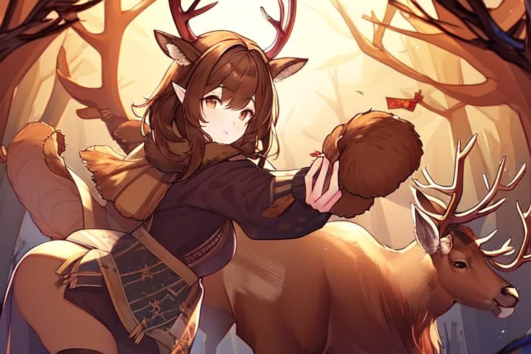 Girl , deer horns, deer hoof, brown hair, deer ears.