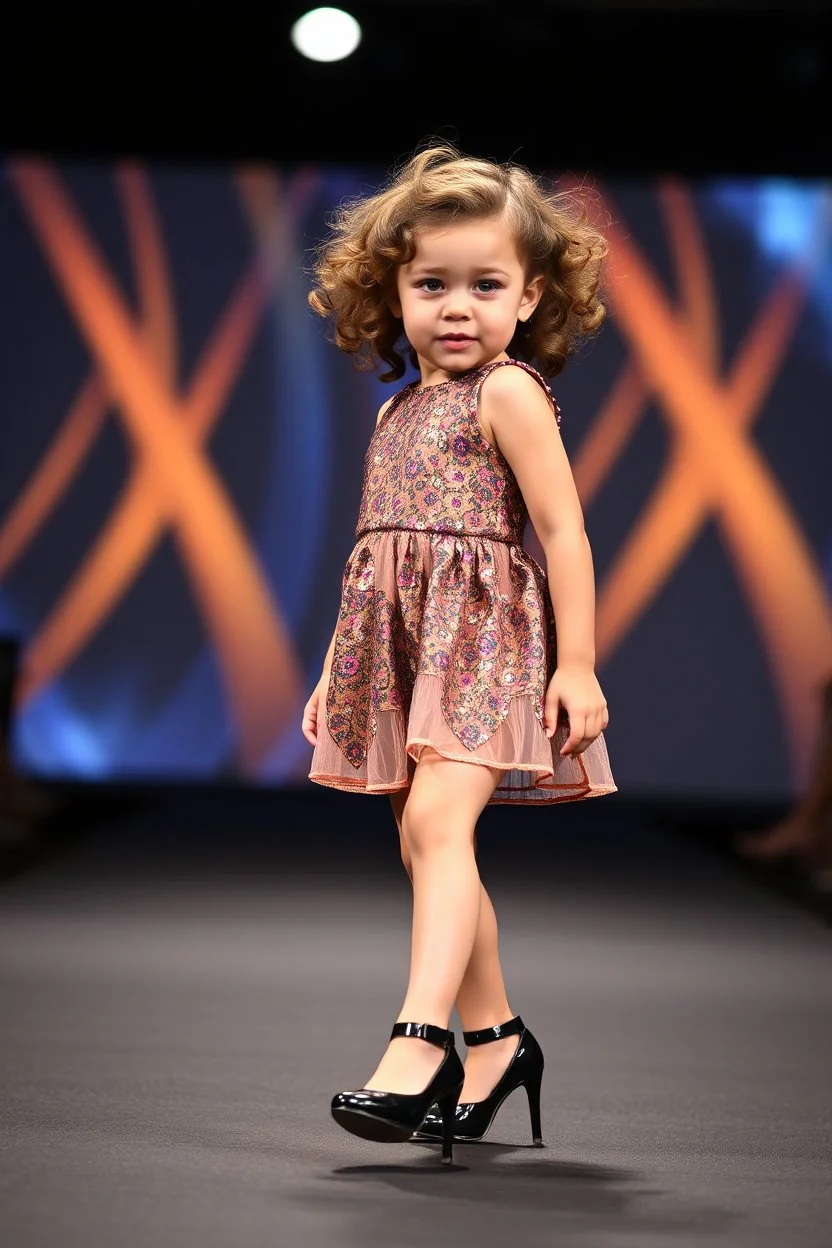 2 years old baby girl fashion model with high heels ,curvy wavy hair ,cat walks in runway,catwalk and pose at end with cute