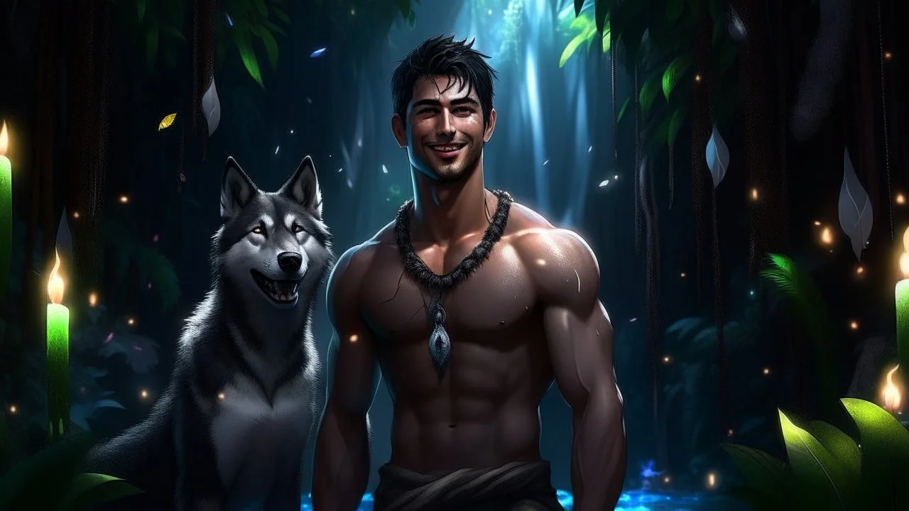 Hyper Realistic handsome shirtless muscular short black hair young king smiling & standing with his black husky in a dark mystical jungle at night with fireflies & colorful crystals