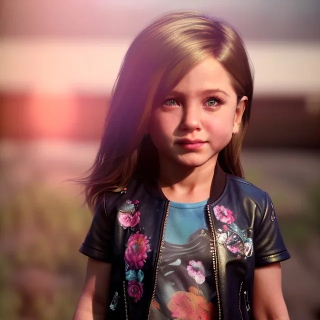 Jennifer aniston toddler, full body, leather jacket, floral shirt, floral skirt, shoe, soft skin, dramatic lighting, hyper realistic