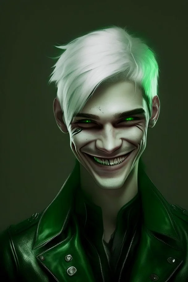 plauge doctor in balck leather clothes with silver hair, pale skin and bright green eyes smiling with sharp teeth, nice young face