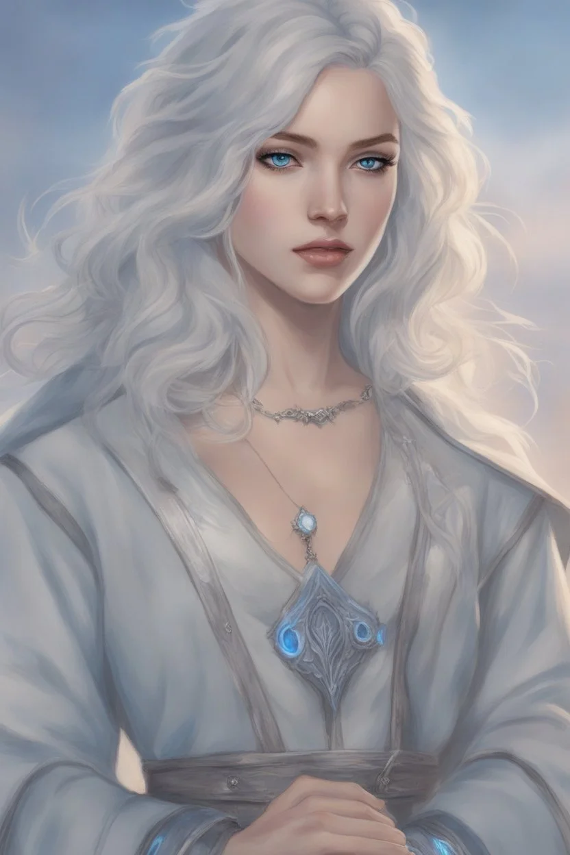 Dnd character sheet. A female Aaismar twilight cleric with white hair and blue eyes, wearing gray robes. Etreal, beautiful