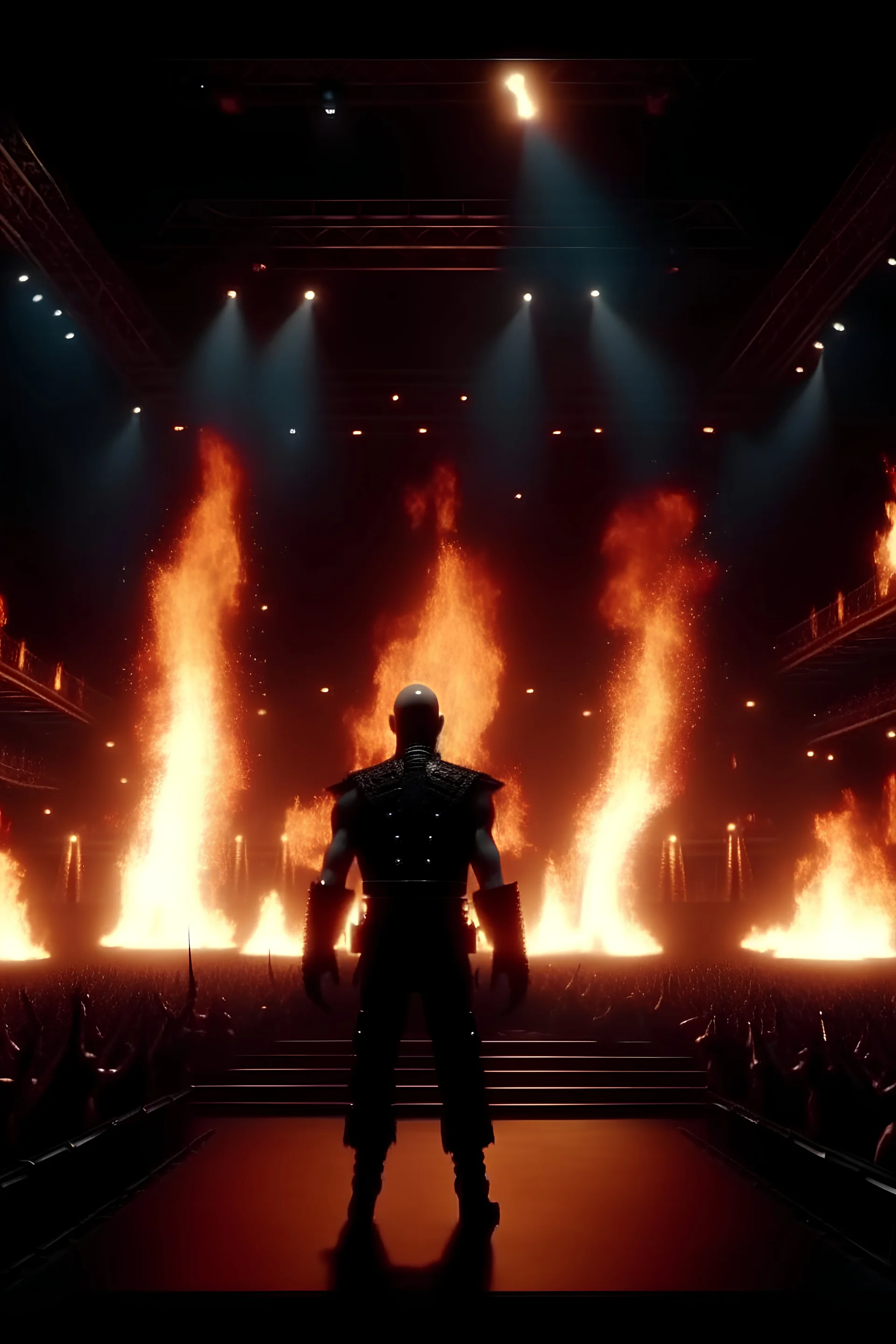 4K full realistic, full lights, crowd at a rammstein concert, a king is standign on stage, back, arms spread and on fire, flames everywhere.