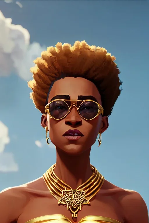 perfektes lächeln einer wunderschönen afro-amerikanischen Frau mit gelocktem braunem haar grosse oberweite portrait hyperrealistisch cinematic perfekter winkel goldkettchen sonnenbrille