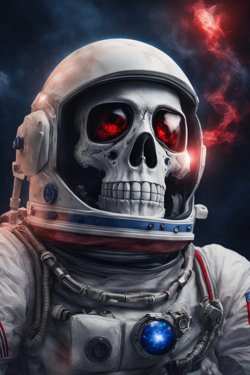 A close up of a skeleton face in an astronaut helmet and suit floating in space. inside the hollow eyes are red shining lights, scary. On his suit is an American flag and in his one hand is a small wavering American hand flag. From the back of his suit is blowing out blue, white and red smoke. Realistic, 8k, highly detailed, funny