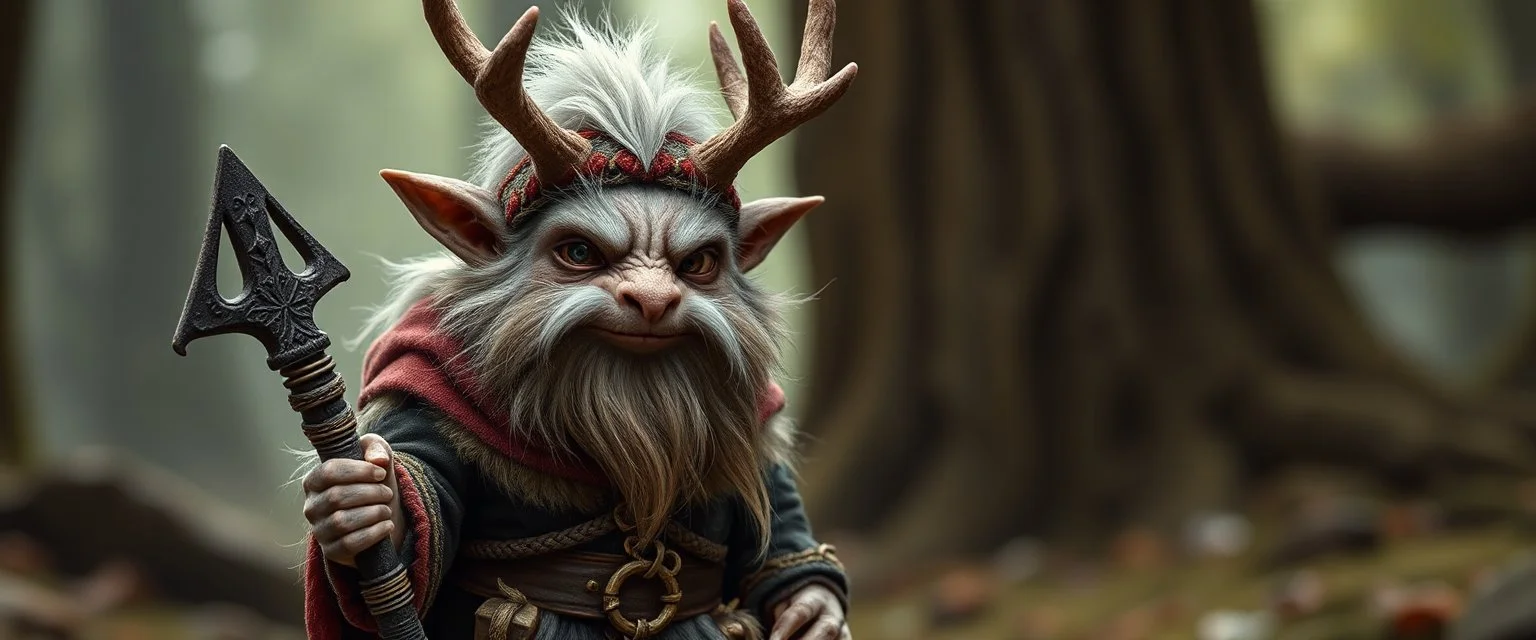 a fluffy gnome kobold stag gremlin that looks like the opposite of a vampire in bunad