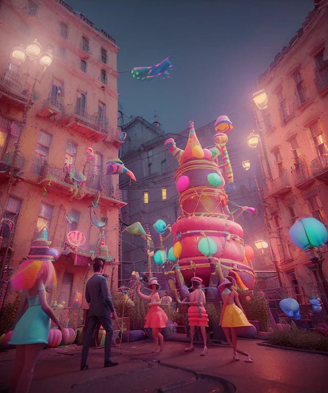 Wes Anderson photographer, Ultra realistic carnival garden night scene, wide angle view :: carnival woman and sweet inflatable monsters, carnival dress style, feather color, free jumping, soft color, highly detailed, unreal engine 5, ray tracing, RTX, lumen lighting, ultra detail, volumetric lighting, 3d, finely drawn, high definition.