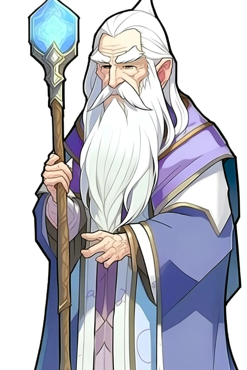 a drawing of a wizard holding a wand, by Kanbun Master, reddit, hurufiyya, he is a long boi ”, dwarf with white hair, discord profile picture, semi realistic