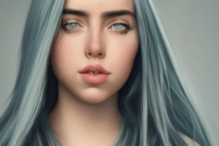 Billie Eilish, afraid in a dark room, realistic, not to be distinguished from a photo, identical pupils, photorealistic illustration