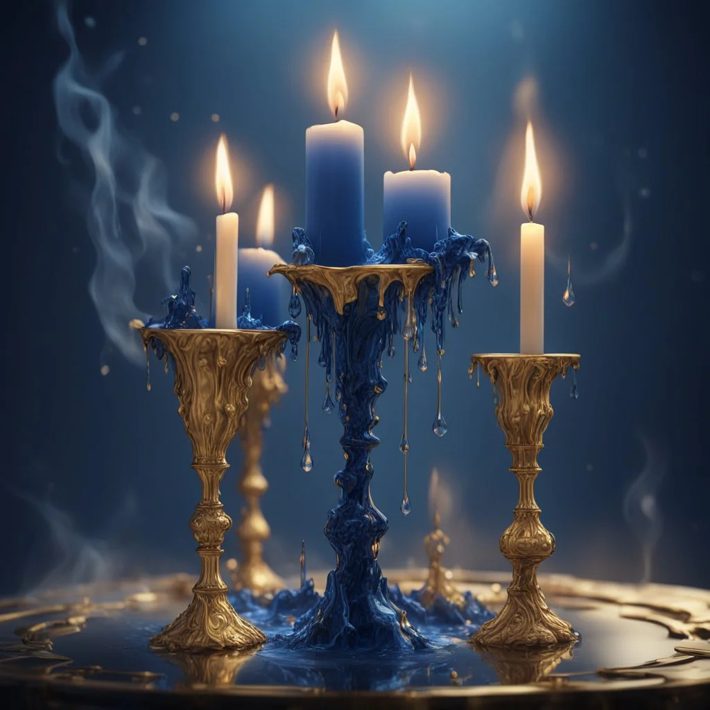 Midnight blue candles on a three-armed gold candlestick, dripping wax. Illustrative art, art interpretation, concept art, cgsociety contest winner, seasonal art, seasonal art HD, 4k, 8k, intricate, detailed, intricately detailed, luminous, translucent fantasy crystal, holographic data, soft body, shadow play, light, fog, atmospheric, cinematic, light film, hyper-detailed, hyper-realistic, masterpiece, atmospheric, high resolution, 8k, HDR, 500px, mysterious and artistic digital art, phototic, in