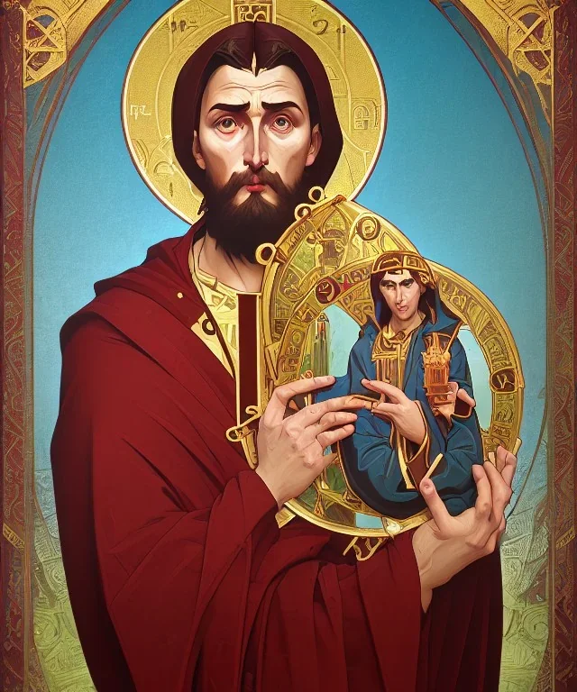 orthodox old icon with saint, patron of photographers. he is holding a camera in one hand and 35mm film in the other. Cyrillic inscriptions are the names of photographic brands. hyperdetailed, Alphonse Mucha, Zdzisław Beksiński, poster, illustration, ink, oil on canvas, 18th century atlas