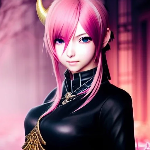 Detailed girl, woman, pink hair, pink colored eyes, yorha 2b hairstyle, au'ra (final fantasy), scaled horns coming out the side of the head, intricate details, full body portrait, keep head in frame, slight smile, black Japanese motif, concept art, highly detailed, digital painting, concept art, A very cute girl full body,wearing a short skirt, au'ra scales