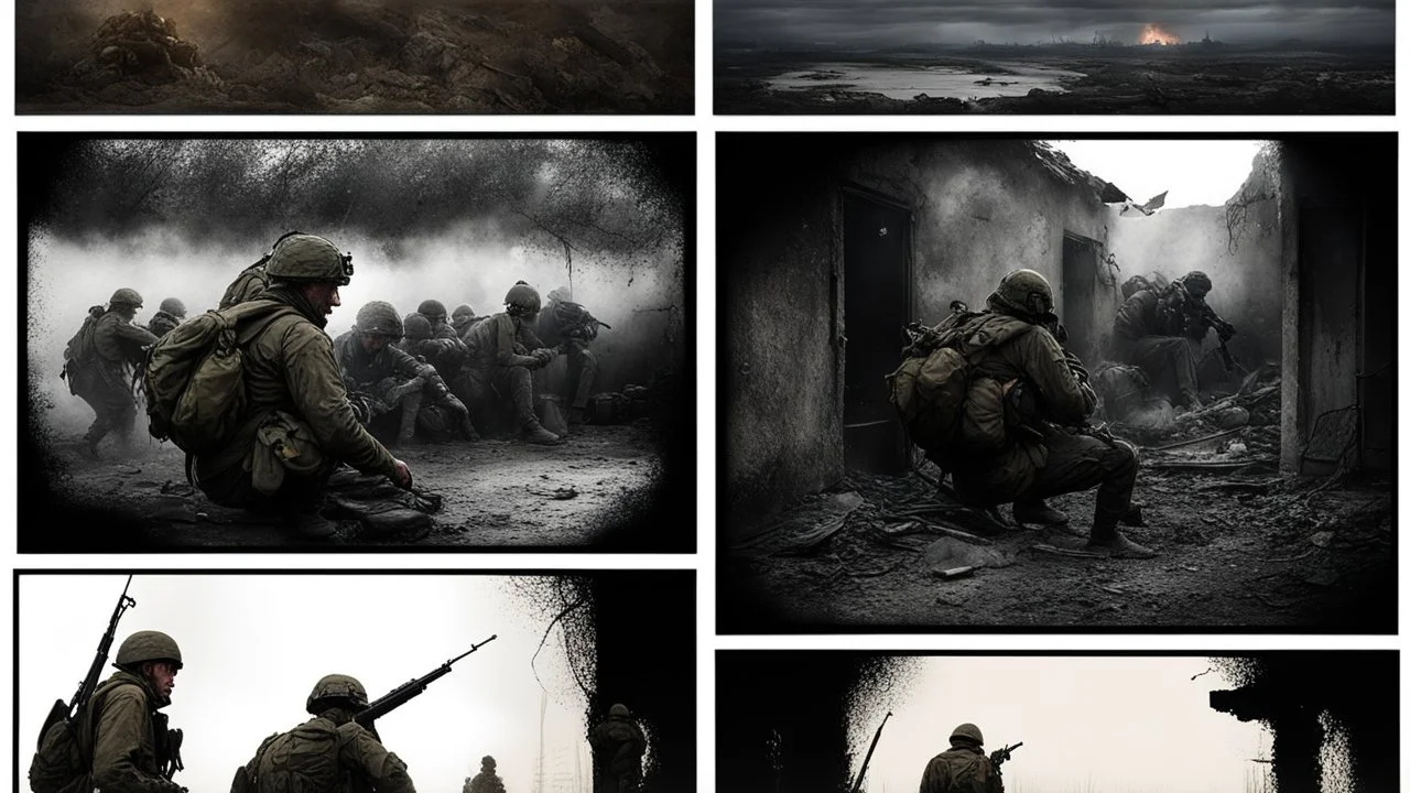 Masterpiece1:5)(Fineart), (award-winning:1.5), highest quality, (ultra realism:1.5) war journalism(,(by Tim Page and Hoorst Faas:1.5)),(Eastern Ukraine:(panel one:the moment after a battle ends, horrors of war, wounded men),(2nd panel, cinematic shot of men sitting in trench with 1000 yard stare (focus on their eyes:1.5)),(the third panel shows troops tired but hyper alert), (the fourth panel shows the sky is filled with incessant, fire and smoke everywhere,)