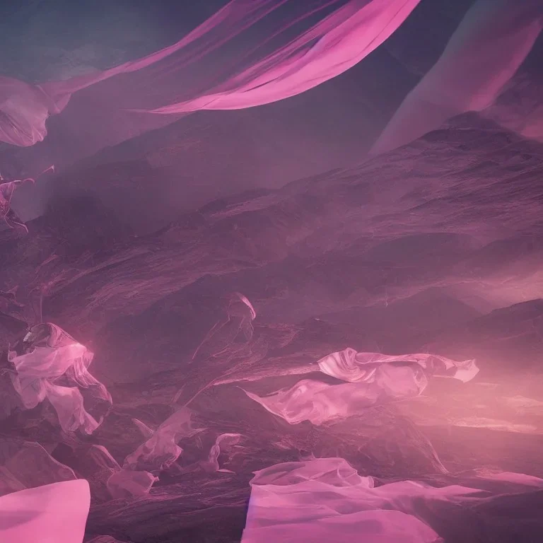 DANCING ALIENS, FLOWING FABRIC, cinematic lighting, 4k, 8k, octane render, digital concept art, ambient lighting, PINK, MOUNTAINS SUNSET