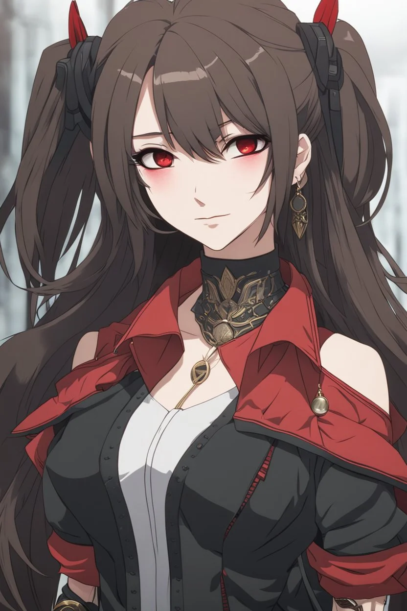 A young woman with pale skin and long brown hair in a modern setting with intricate details. She is wearing casual black and red clothes. She is smirking, has intense red eyes, intimidating presence, high definition. anime style.