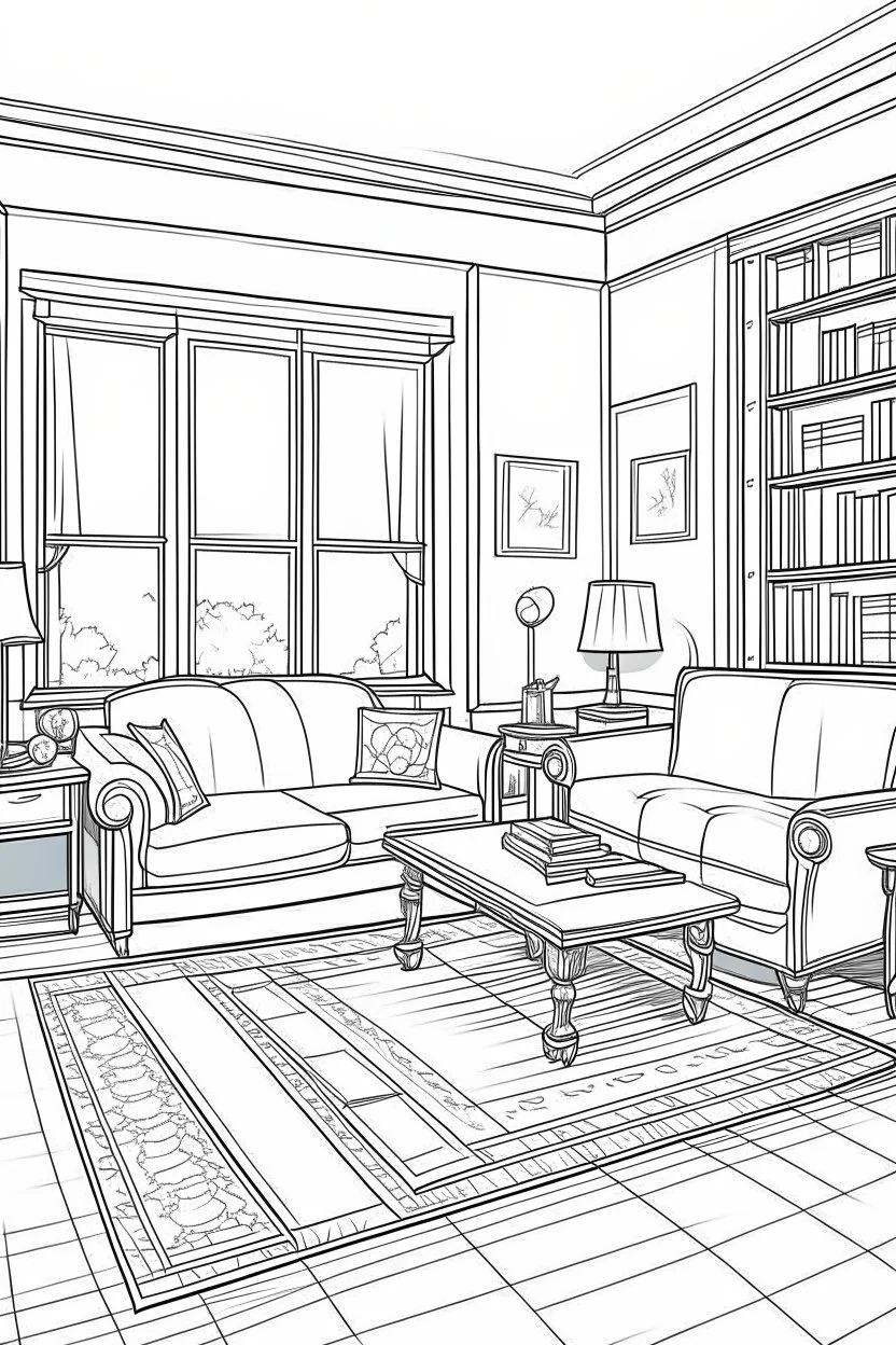 Outline art, simpl House interior design, sofa chair, cartoon style, thick lines, low details, --ar 9:11