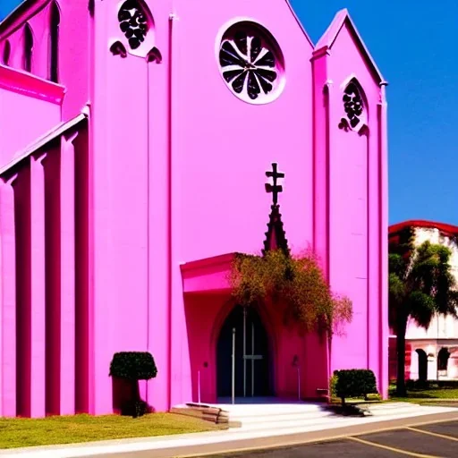 concept art, concept design, decor, cathedral church building with pink walls, church exterior, pink exterior, aesthetic