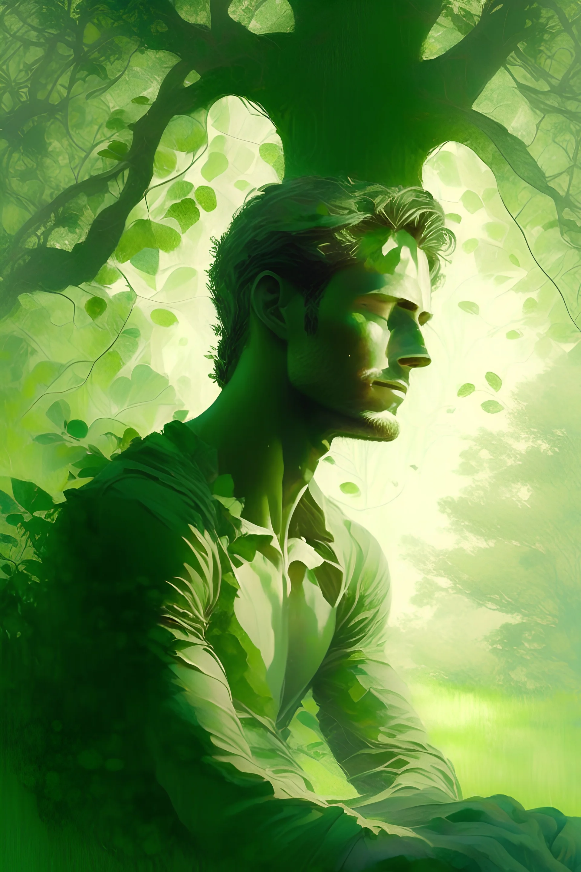 A man who only resembles himself. He is handsome and kind and makes you feel comfortable and familiar. His inner light almost blinds your sight. His firm faith is clearly visible as he sits in his vast green area, which seems to have no end, where there are lush shadows, dew drops, and trees with drooping branches.