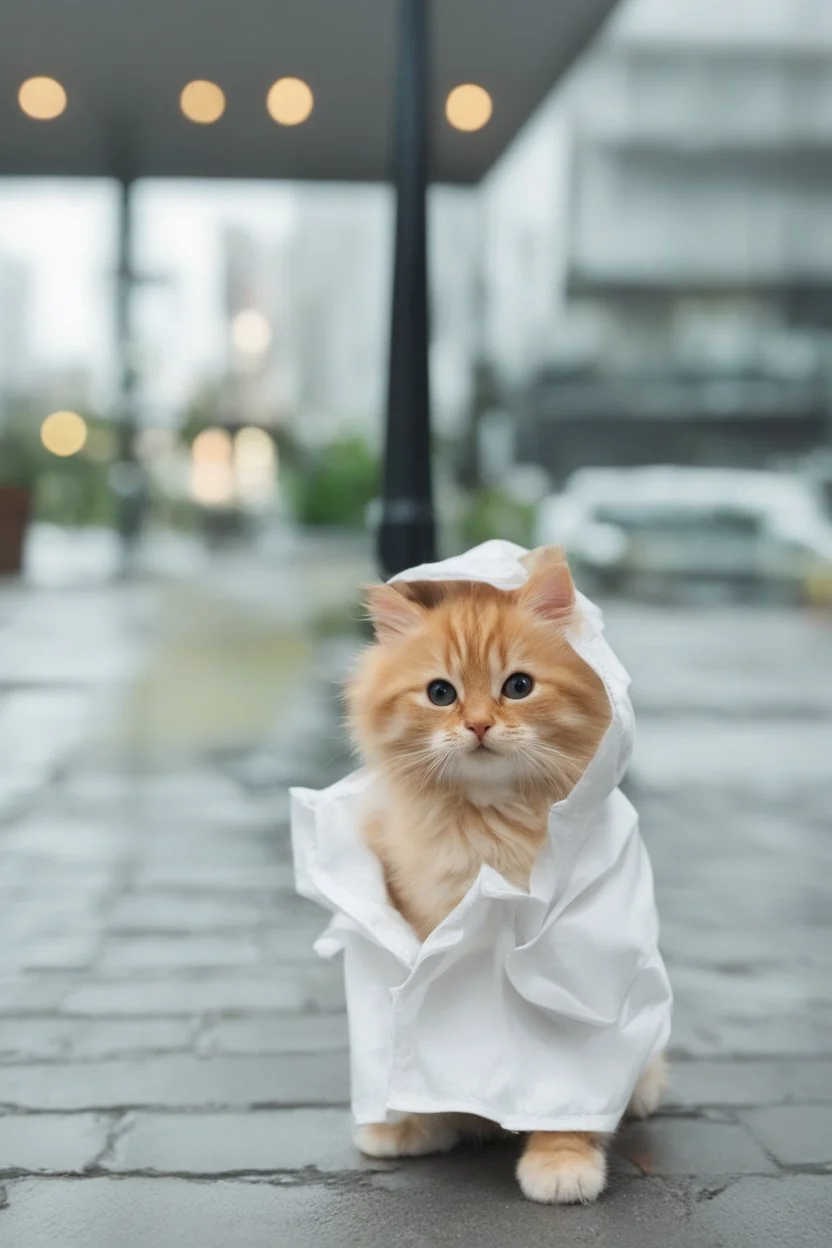 Kawaii cartoon fluffy baby cat raincoat. Chibi, Photograph, Canon DSLR, Tilt - shift, white background, high definition, Complete and coordinated composition, 8k