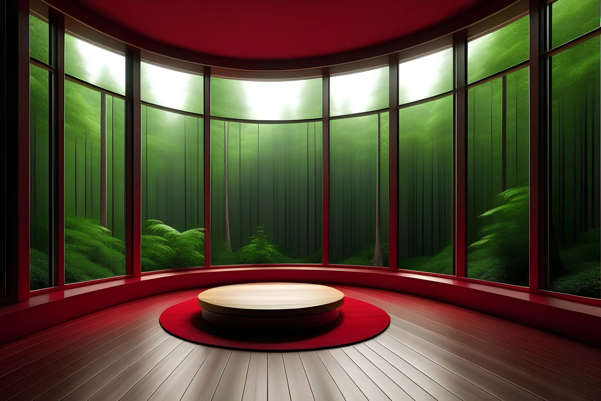 meditation rood podium , meditation minimalistic corner. design wood, gloomy light in the meditation room, View from large bay windows throughout from the large bay windows extends through the jungle forest. day landscape.