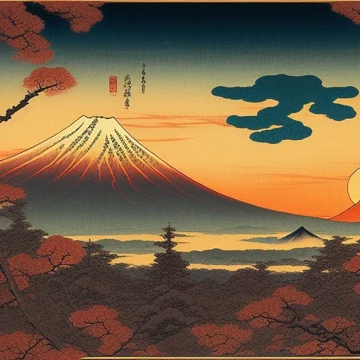 Ukiyo-e Style , mount fuji, sun set