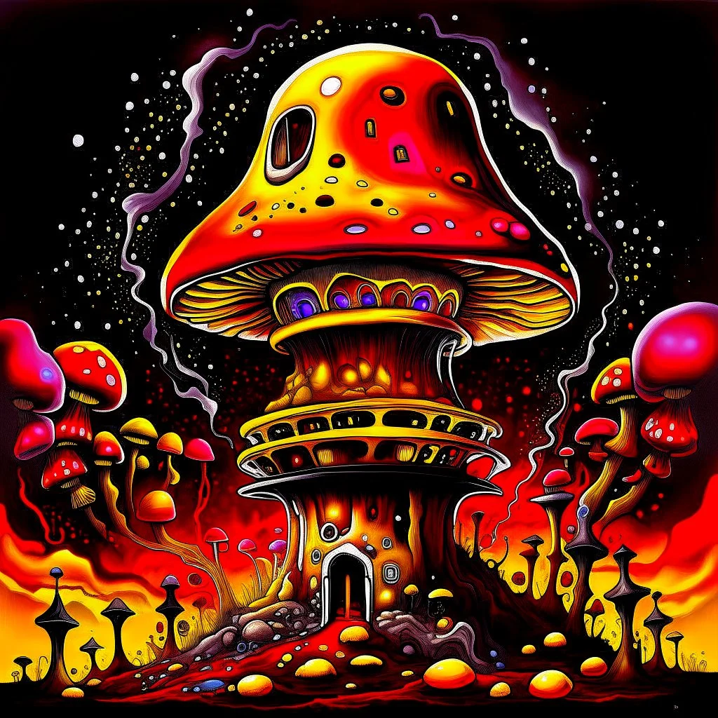 A fantabulous black, yellow, and red (((mushroom tower house))) erected atop a (geologic pillar), surrounded by the uncanny imaginative ((( swirling skies))), offset by the stark hues of a (neon-tinged nebulous space scape), within. captured by the hand a skilled master painter with a focus on (softly blurred compositions and voluminous lighting).